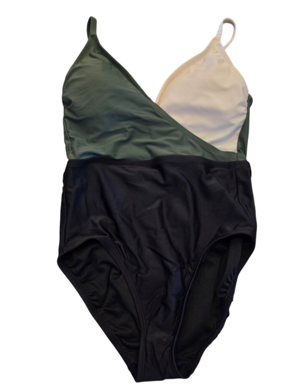 Kona Sol Womens Sz S One Piece Swimsuit V Neck Color Block Black Green Cream